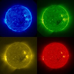 A mosaic of the extreme ultraviolet images taken from STEREO on December 4, 2006. These false color images show the Sun's atmospheres at a range of different temperatures. Clockwise from top left: 1 million degrees C (171 Å—blue), 1.5 million °C (195Å—green), 60000–80000°C (304 Å—red), and 2.5 million °C (286 Å—yellow).