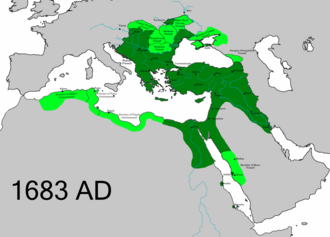 The Ottoman Empire in 1683; core possessions in dark green; vassal or autonomous areas in light green.