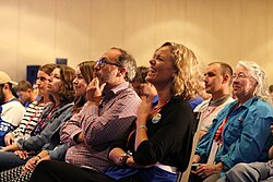 Maher and Jimmy Wales at Wikimania 2017