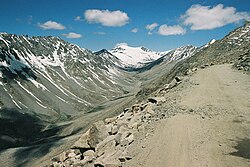 U-shaped valley in Leh valley, Ladakh, NW Indian Himalaya. The glacier visible at the head of the valley is the last remnant of the formerly much more extensive glacier which carved it.