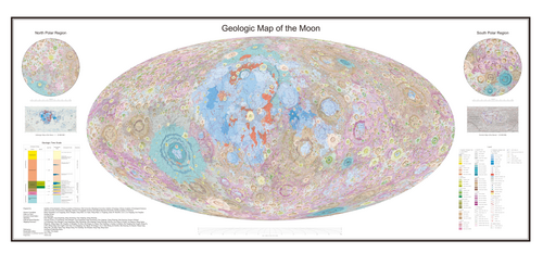 Geologic map of the Moon, with general features colored in by age, except in the case of maria (in blue), KREEP (red) and other special features. Oldest to youngest: Aitkenian (pink), Nectarian (brown), Imbrian (greens/turquoise), Eratosthenian (light orange) and Copernican (yellow).
