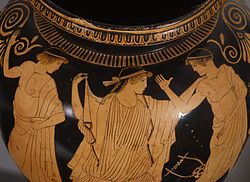 Eos with two young men, red-figure stamnos, ca 470–460 BC, now in the Walters Art Museum.