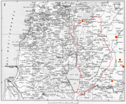 Rene Dussaud's map of Jawlān, with his proposed borders and markers for the cities in Jawlan mentioned by medieval writers.