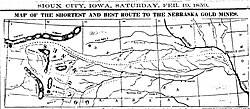 1859 map of route from Sioux City, Iowa, through Nebraska, to gold fields of Wyoming, partially following old Mormon trails.