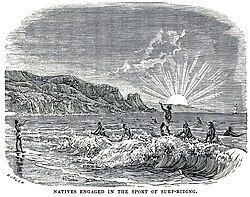 1858 illustration of "surf-riding" in Hawaii.