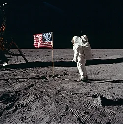 Buzz Aldrin salutes the first American flag erected on the Moon, July 21, 1969 (photo by Neil Armstrong).