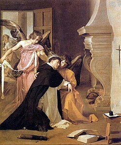 Doctor Angelicus, Thomas Aquinas (1225–1274), considered by many Catholics to be the greatest Catholic theologian, is girded by angels with a mystical belt of purity after his proof of chastity.