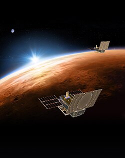 Illustration of the MarCO 6U cubesat relay flyby probes and technology demonstrators for the Mars InSight lander; the flybys provided relay communication support during the landing in 2018