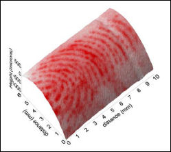 A Kelvin probe scan of the same cartridge case with the fingerprint detected. The Kelvin probe can easily cope with the round surface of the cartridge case.