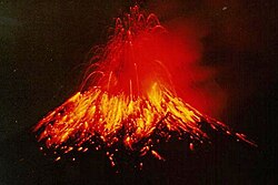 Tungurahua erupting molten lava at night (1999)