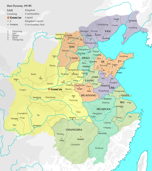 Thirteen direct-controlled commanderies including the capital region (yellow) and ten semi-autonomous kingdoms, 195 BC
