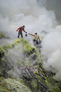 Traditional sulfur mining at Kawah Ijen.