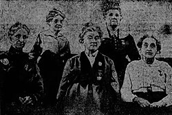 Five American Civil War nurses at 1916 Massachusetts encampment; Helen E. Smith, Susan C. Mills, Margaret Hamilton, Mary E. Smith, and Lovisa Tyson.