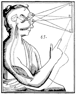 Illustration of mind–body dualism by René Descartes. Inputs are passed by the sensory organs to the pineal gland, and from there to the immaterial spirit.