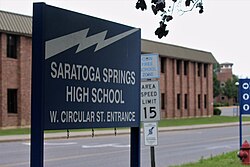 A sign for Saratoga Springs High School on Circular Street in the city of Saratoga Springs, New York