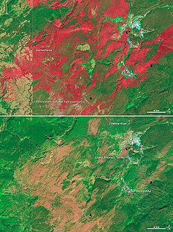 Landsat images of burned land in Yellowstone National Park in 1989 and 2011