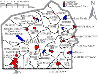 Map of Adams County with municipal labels showing boroughs (red), townships (white), and census-designated places (blue)