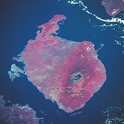 Color infrared view of Rinjani Volcano on the island of Lombok, May 1992. The eastern part of the island of Bali to the west is visible in the top right corner, separated from Lombok by the Lombok Strait; the Alas Strait and the western part of the island of Sumbawa are visible on the bottom left.