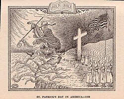 In this 1926 cartoon, the Ku Klux Klan chases the Catholic Church, personified by St. Patrick, from the shores of America. Among the "snakes" are various supposed negative attributes of the Church, including superstition, the union of church and state, control of public schools, and intolerance.
