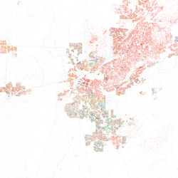 Map of racial distribution in Greater Sacramento, 2010 U.S. Census. Each dot is 25 people: White, Black, Asian, Hispanic, or other
