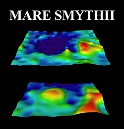 Topography (top) and corresponding gravity (bottom) signal of Mare Smythii on the Moon containing a significant mascon