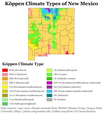 Köppen climate types of New Mexico, using 1991–2020 climate normals