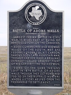 Historical Marker for First Battle of Adobe Walls.35°53′32.157″N 101°26′51.06″W﻿ / ﻿35.89226583°N 101.4475167°W﻿ / 35.89226583; -101.4475167﻿ (First Battle of Adobe Walls)