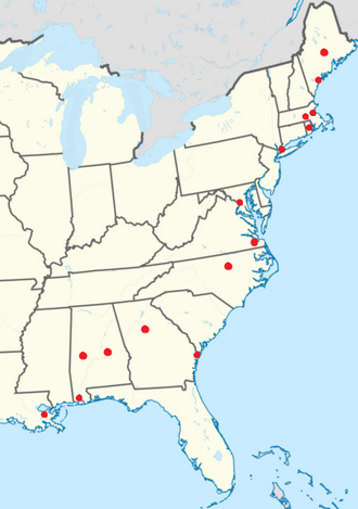 The red dots show every U.S. metropolitan area where over 50% non-rhotic speech was documented among some of that area's white speakers in the 1990s. Non-rhoticity may be heard among black speakers throughout the whole country.[59]