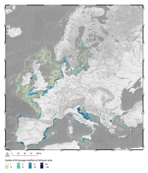 Fishing intensity extracted from Automatic Identification System data of EU trawlers greater than 15 metres in length, in the period October 2014 – September 2015[2] (see Main Map for full resolution[3])