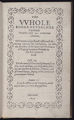 Title page of the copy of the Bay Psalm Book held by the Beinecke Rare Book and Manuscript Library
