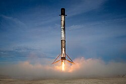 The landing of a Falcon 9 Block 5 first stage at Cape Canaveral in July 2019. VTVL technologies are used in many of SpaceX's launch vehicles.