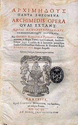 Front page of Archimedes' Opera, in Greek and Latin, edited by David Rivault (1615)