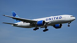 A Boeing 777 of United Airlines, the largest airline in the world by fleet size.