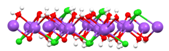 View of one slab of hydrohalite, NaCl·2H2O. (red = O, white = H, green = Cl, purple = Na).[28]