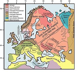 Simplified tectonics map of Europe, East European Platform in orange.