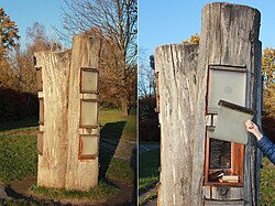 Juxtaposition of a "closed" and "open" outdoor book exchange in a park, Warsaw, Poland