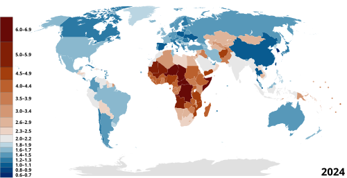 Map of countries by total fertility rate (2022–2023), referring to the average number of children that are born to a woman over her lifetime, according to the Population Reference Bureau.[26]