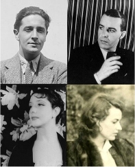 Ivor Novello, top l., Alfred Lunt, top r., Lynn Fontanne, lower l. and Judy Campbell – stars of Coward premières of the 1920s–1940s