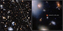 November 2025 JWST observations confirmed an actively growing supermassive black hole within a "little red dot" galaxy named CANUCS-LRD-z8.6.[158]