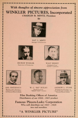 Disney (middle row, right) in a Winkler Pictures advertisement, 1927