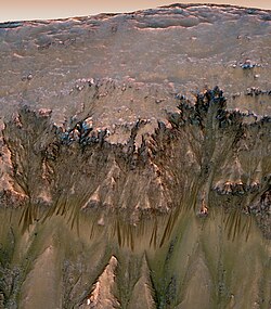 Oblique view of warm season flows in Newton Crater