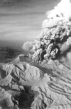 Aerial view of Mount Pinatubo in June 22, 1991 a ashfall was still there before it was formation of Lake Pinatubo
