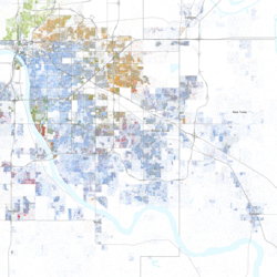 Map of racial distribution in Broken Arrow, 2020 U.S. census. Each dot is one person: ⬤ White ⬤ Black ⬤ Asian ⬤ Hispanic ⬤ Multiracial ⬤ Native American/Other