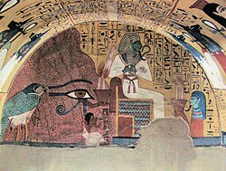 A personified Eye of Horus offers incense to the enthroned god Osiris in a painting from the tomb of Pashedu, thirteenth century BC[37]