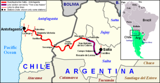 Map of the "Huaytiquina" within Argentina and Chile. The track marked with blue strips is served by the Tren a las Nubes. In the right, location of the line (blue) within South America.