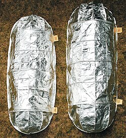 Fire shelters used by wildland firefighters in the United States as a last line of defense when trapped by fires.