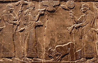 A depiction of either King Jehu, or Jehu's ambassador, kneeling at the feet of Shalmaneser III on the Black Obelisk