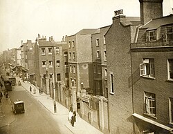 Former Cleveland Street workhouse, London W1, photographed in 1930. It later became part of the Middlesex Hospital.