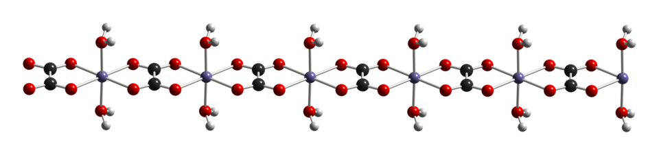 Crystal structure of iron(II) oxalate dihydrate, showing iron (gray), oxygen (red), carbon (black), and hydrogen (white) atoms.