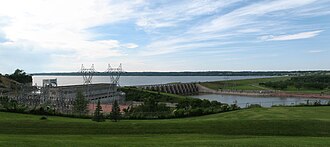 Gavins Point Dam, constructed from 1952 to 1957 (foreground) with Lewis and Clark Lake in the background, just west of Yankton.